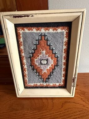 Handmade Framed Needlepoint with Rust Orange and Gray Geometric Motif